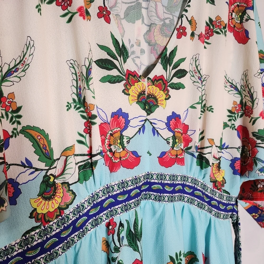 Umgee Kimono Sleeve Hankerchief Hem Blue Printed Boho Dress Stretch Waist Medium - Picture 8 of 13